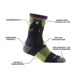 Darn Tough Womens Bear Town Micro Crew Lightweight Hiking Sock 10 Darn Tough Womens Bear Town Micro Crew Lightweight Hiking Sock -Camp and Hike Store Darn Tough womens bear town lime specification
