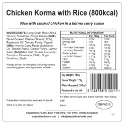 Expedition Foods Chicken Korma With Rice (800kcal) -Camp and Hike Store chicken korma with rice 800kcal v7 label