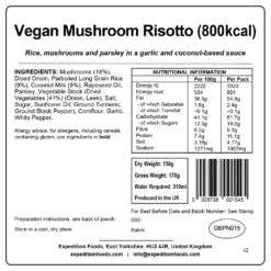 Expedition Foods Vegan Mushroom Risotto (800kcal) 8 Expedition Foods Vegan Mushroom Risotto (800kcal) -Camp and Hike Store expedition foods vegan mushroom risotto stats
