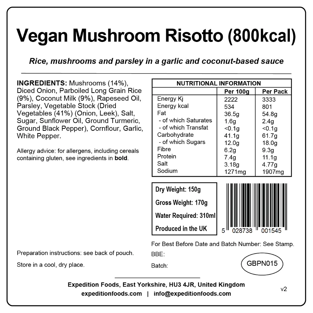 Expedition Foods Vegan Mushroom Risotto (800kcal) 5 Expedition Foods Vegan Mushroom Risotto (800kcal) - Image 3