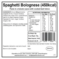 Expedition Foods Spaghetti Bolognese (450kcal) -Camp and Hike Store spaghetti bolognese 450kcal v10 label