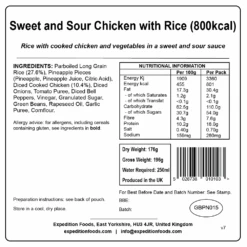 Expedition Foods Sweet And Sour Chicken With Rice (800kcal) -Camp and Hike Store sweet and sour chicken with rice 800kcal v7 label